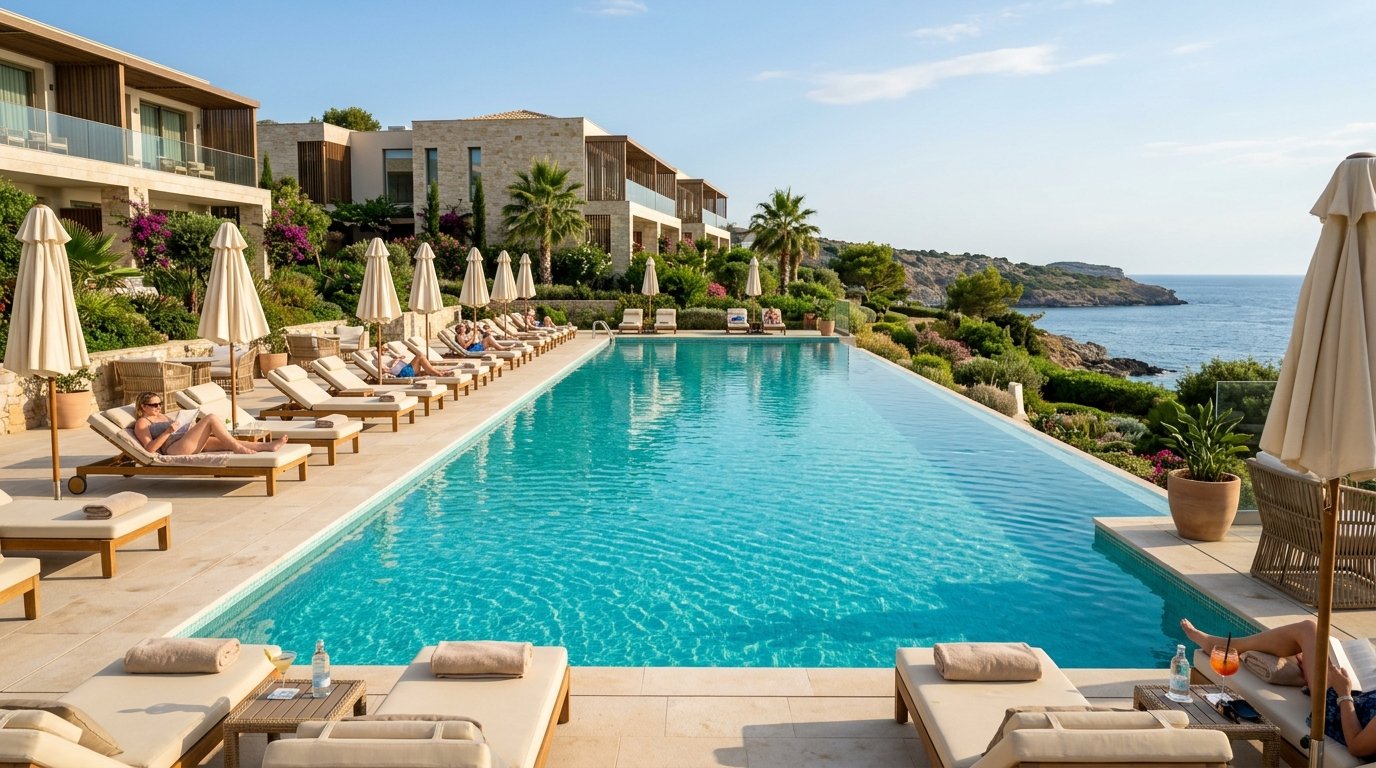 The Royal Legacy Resort Turquoise Swimming Pool with Sun Loungers and Warm Sunlight